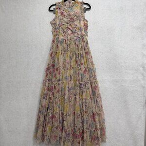 Letmebe Dress Womens XS Sand Jenny Floral Ruffle Pleated Tiered Maxi Lined